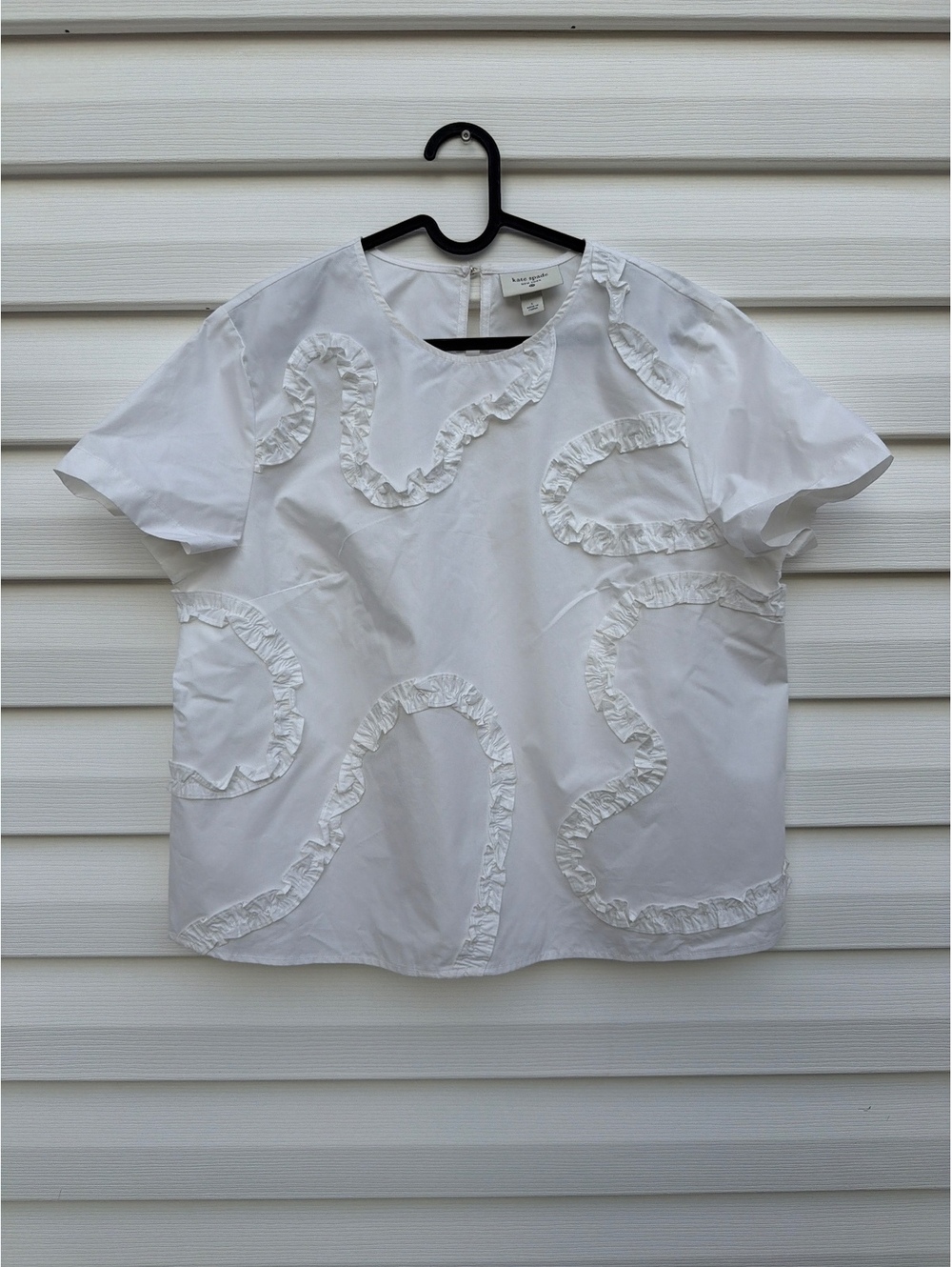 Kate Spade New York Women's L White Cotton Ruffle Applique Short Sleeve Blouse